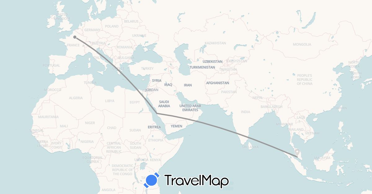 TravelMap itinerary: driving, plane in France, Malaysia, Saudi Arabia (Asia, Europe)